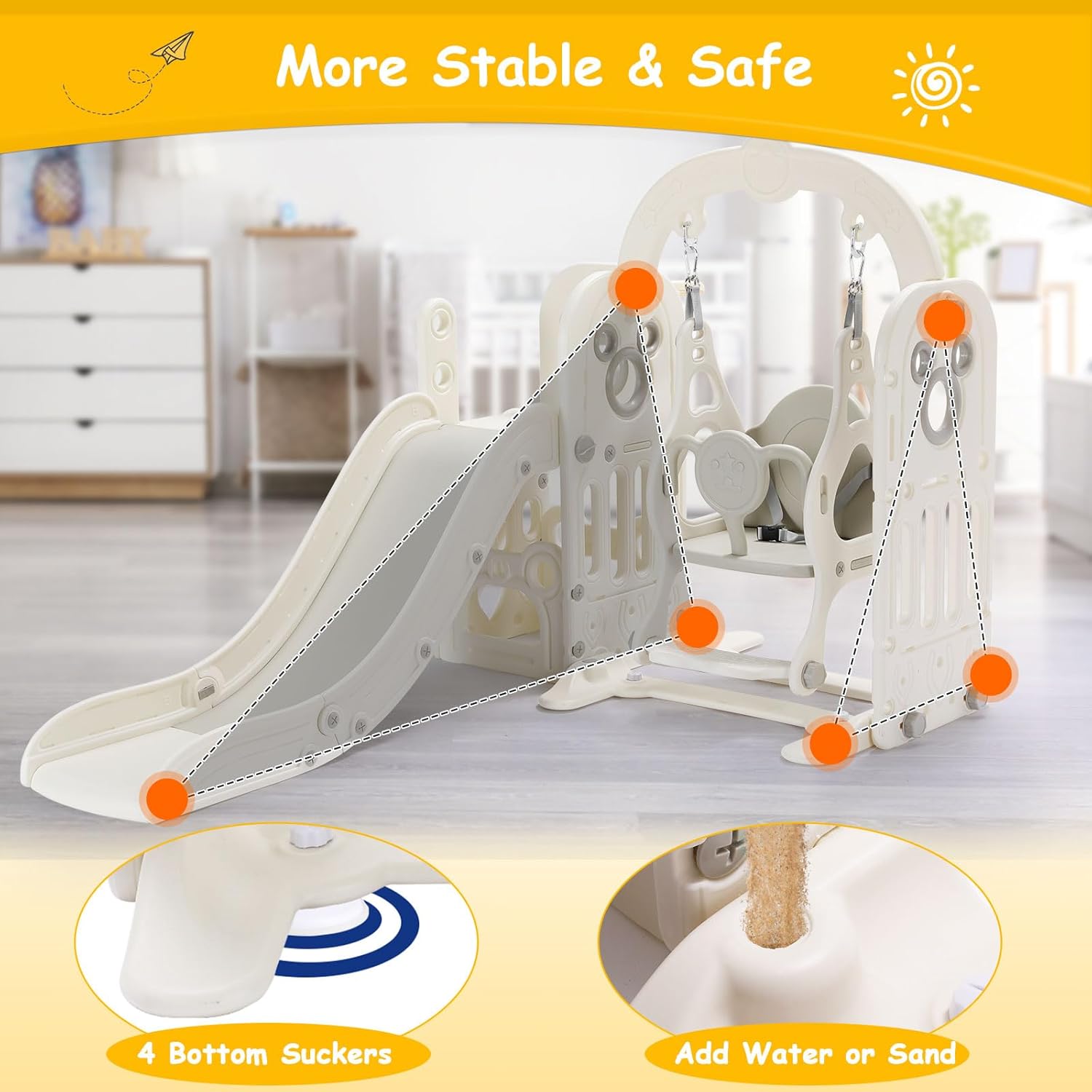 7 in 1 Toddler Slide and Swing Set, Freestanding Kids Large Climber Playset with Basketball Hoop,Storage Space, Baby