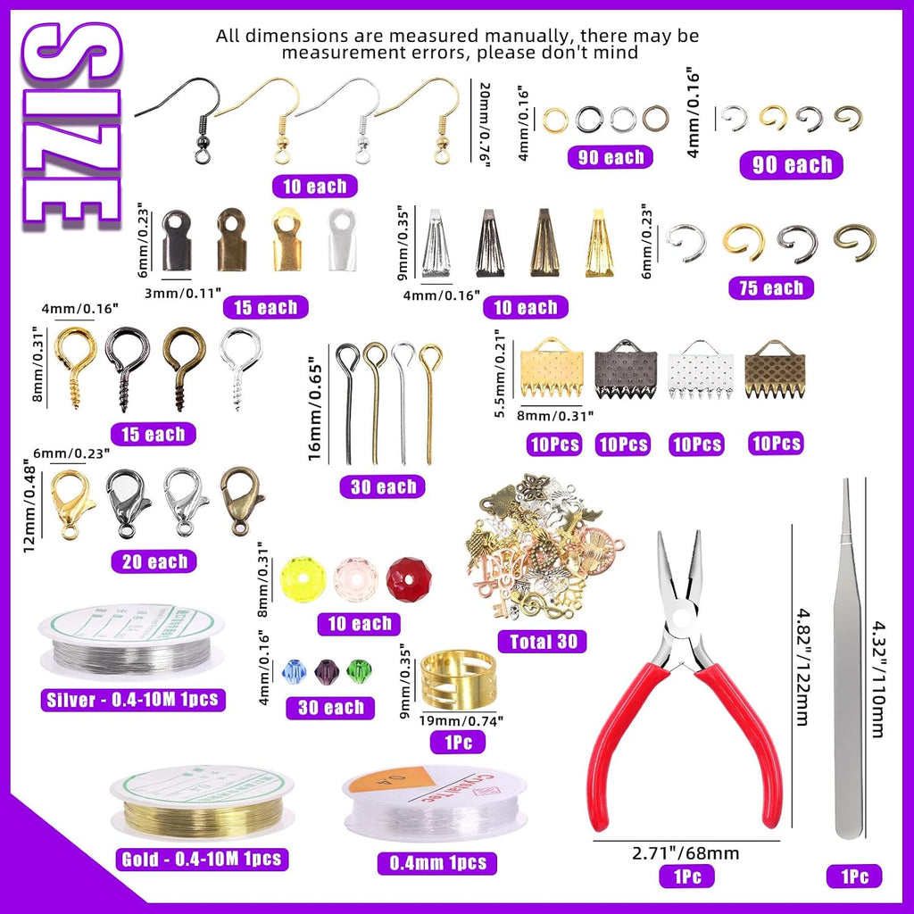 Jewelry Making Supplies Kit - 1617 Pcs with 40 Styles Findings, 6 Colors Beads & Charms, Pliers, Wires, Tweezers &