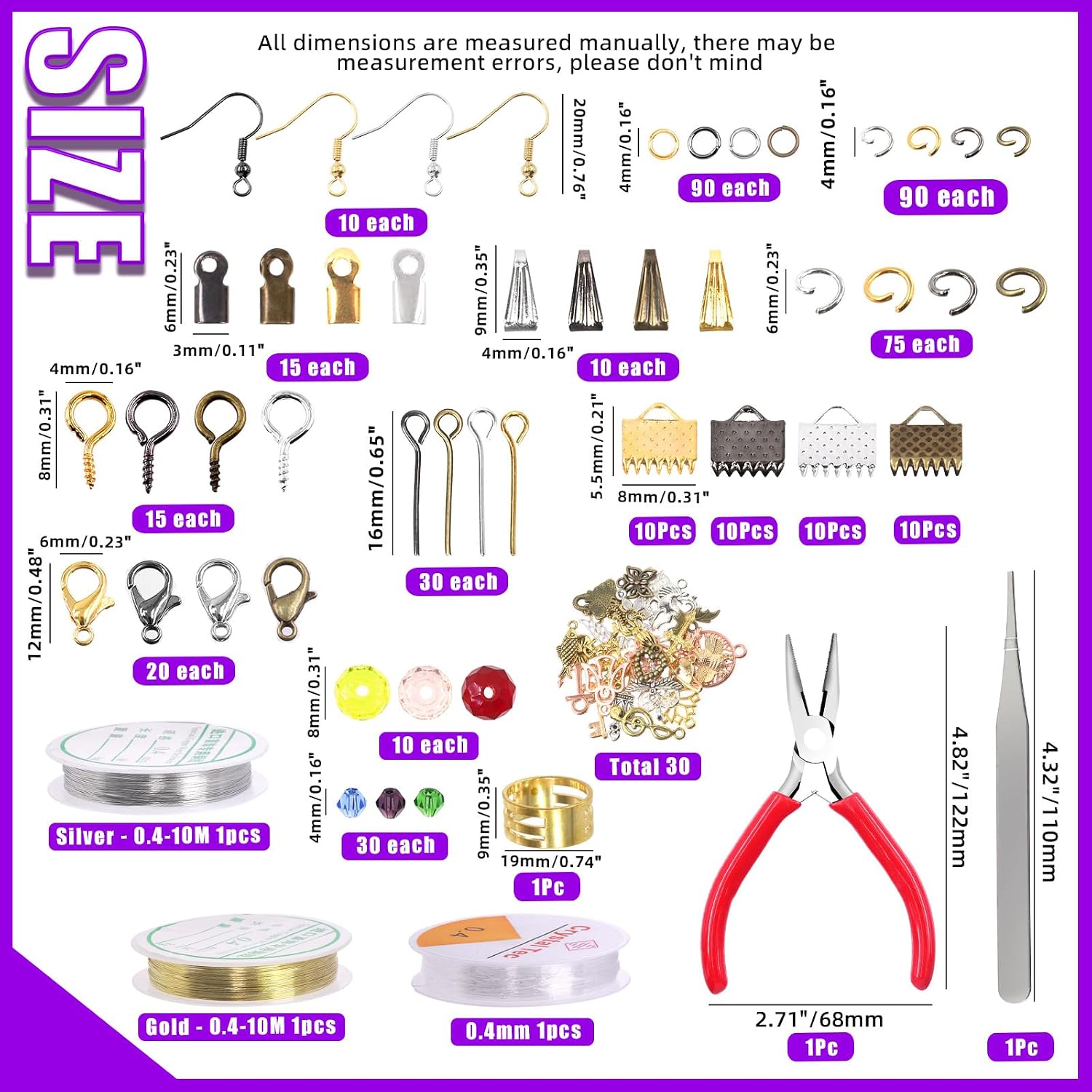 Jewelry Making Supplies Kit - 1617 Pcs with 40 Styles Findings, 6 Colors Beads & Charms, Pliers, Wires, Tweezers &