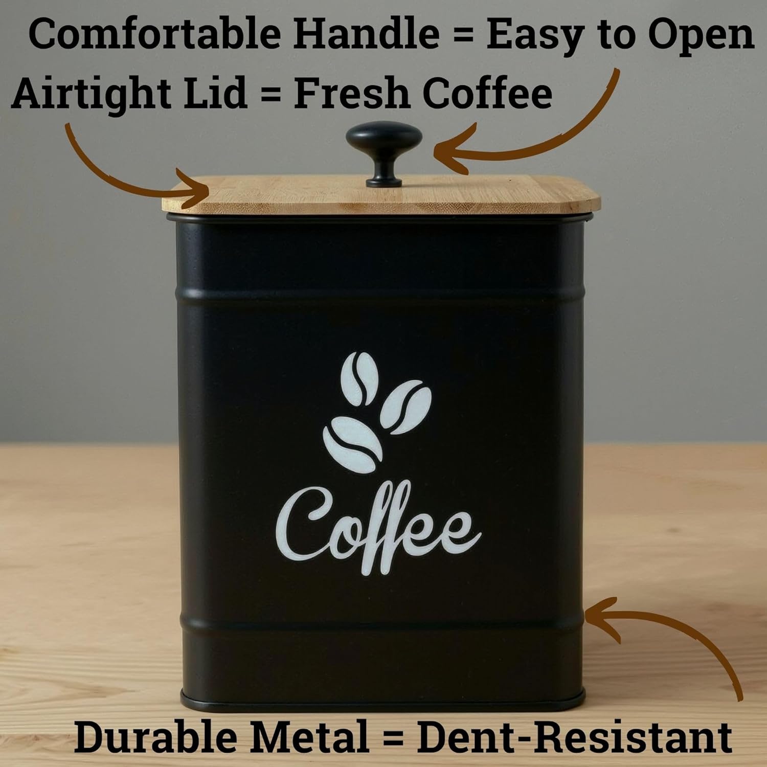 Airtight Coffee Canister 40 oz, 6"x 8" Metal Jar w/ Rubber-Lined Bamboo Lid | 40oz Large Iron, Airtight Coffee