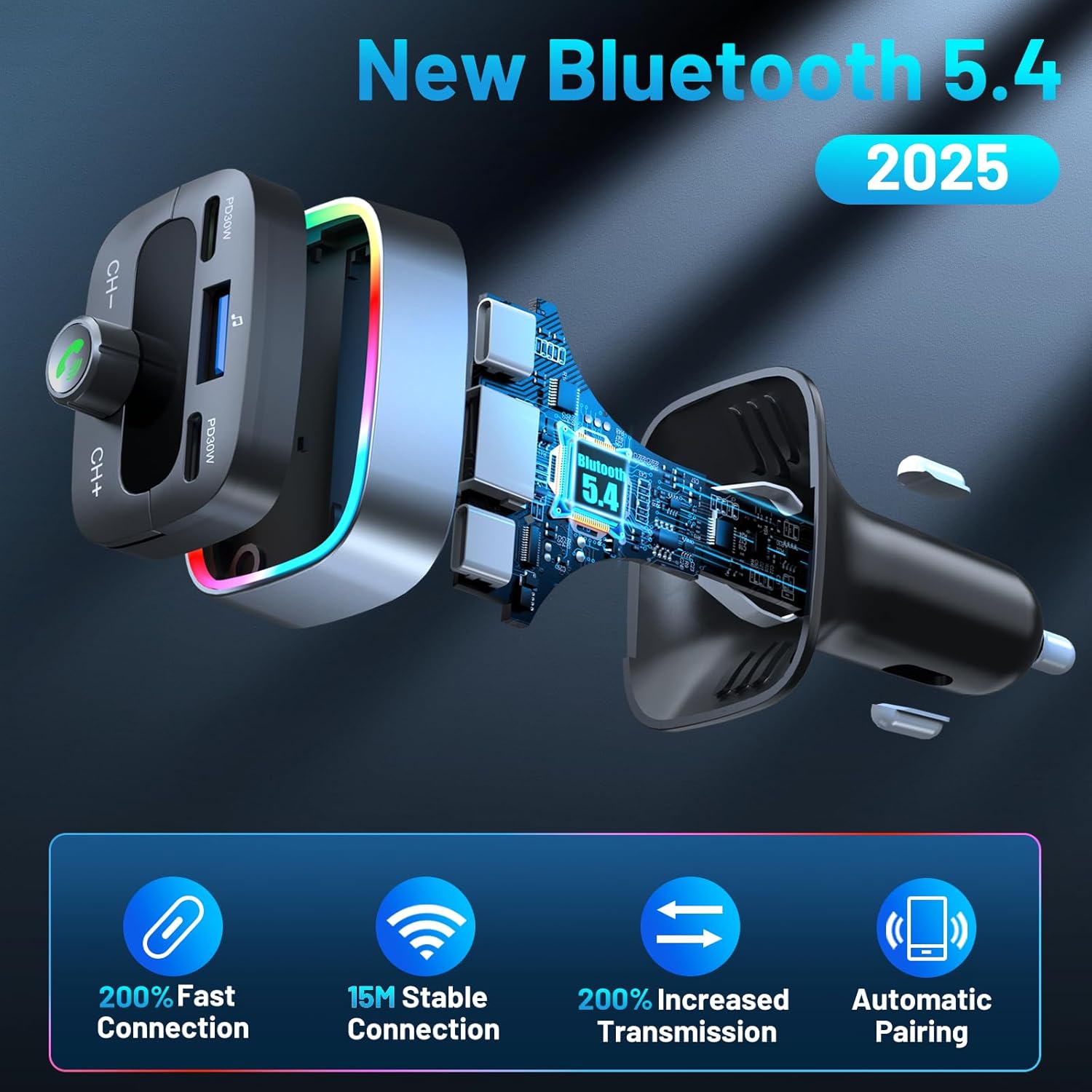 Bluetooth 5.4 Car Adapter 60W Charging USB Bluetooth Adapter for Car,Wireless Fm Transmitter Radio,Handsfree Calling