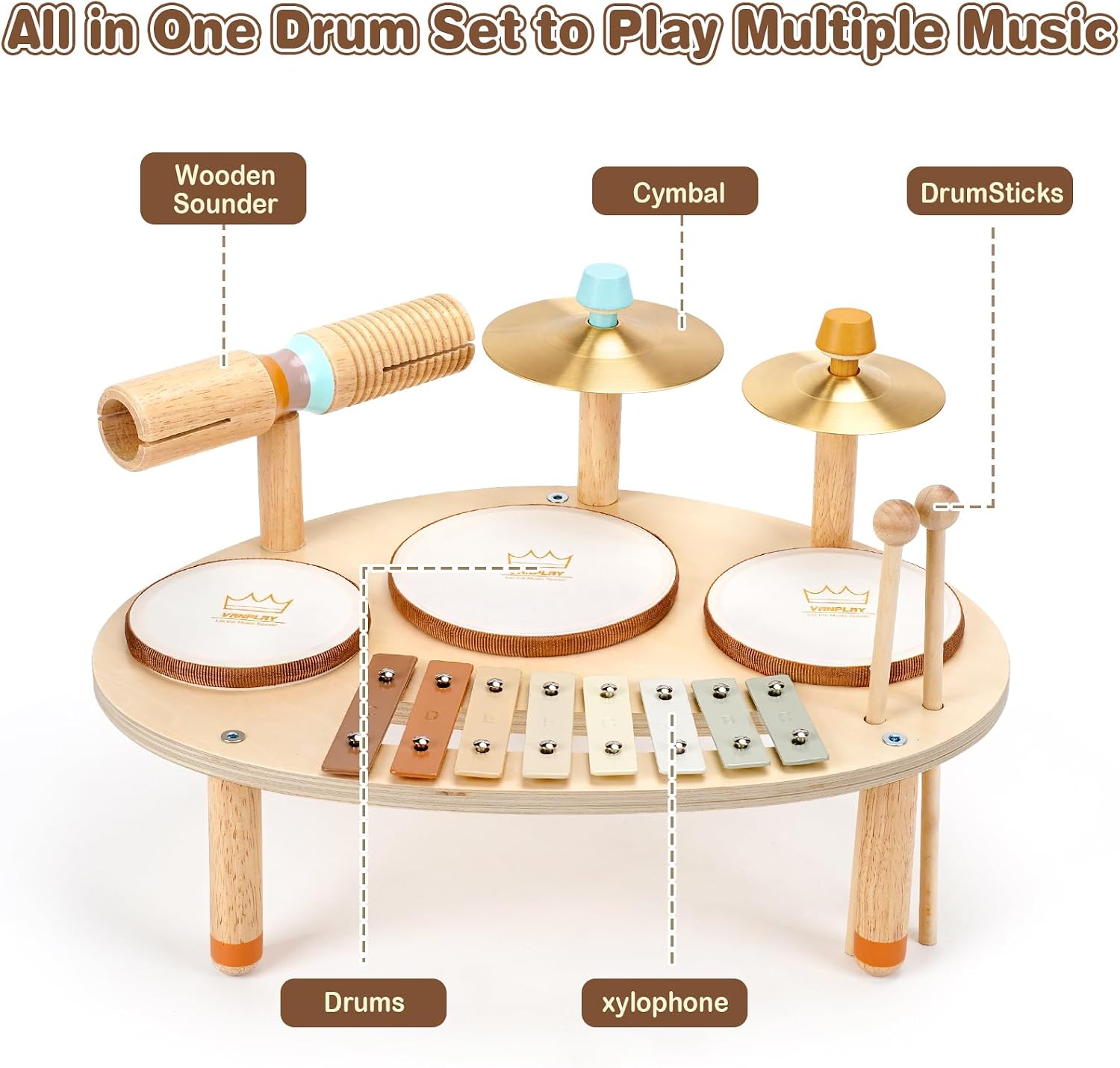 Drum Set for Toddler - Toys for 2 3 4 Year Old Girls Boy Gifts - 9 in 1 Wooden Montessori Musical Instruments with