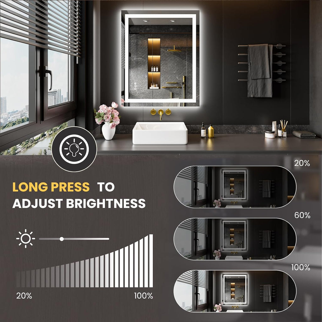 20"X28" LED Bathroom Mirror with Lights | Anti-Fog, Dimmable, 3 Color Temperature, Backlit + Front Lit, Memory