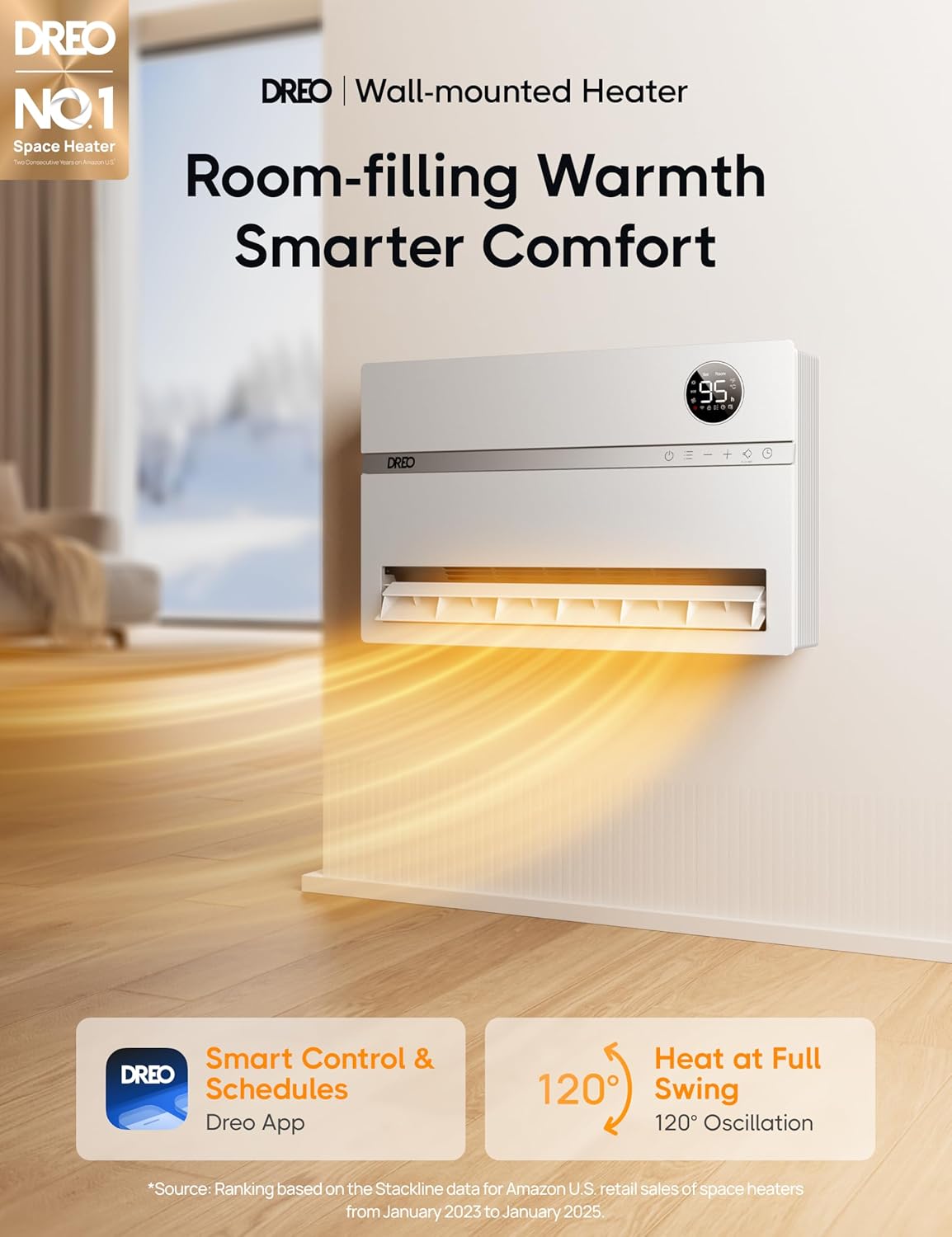 Smart Wall Heater, Electric Space Heater for Bedroom 1500W, 120° Vertical Oscillation, Adjustable Thermostat, Remote