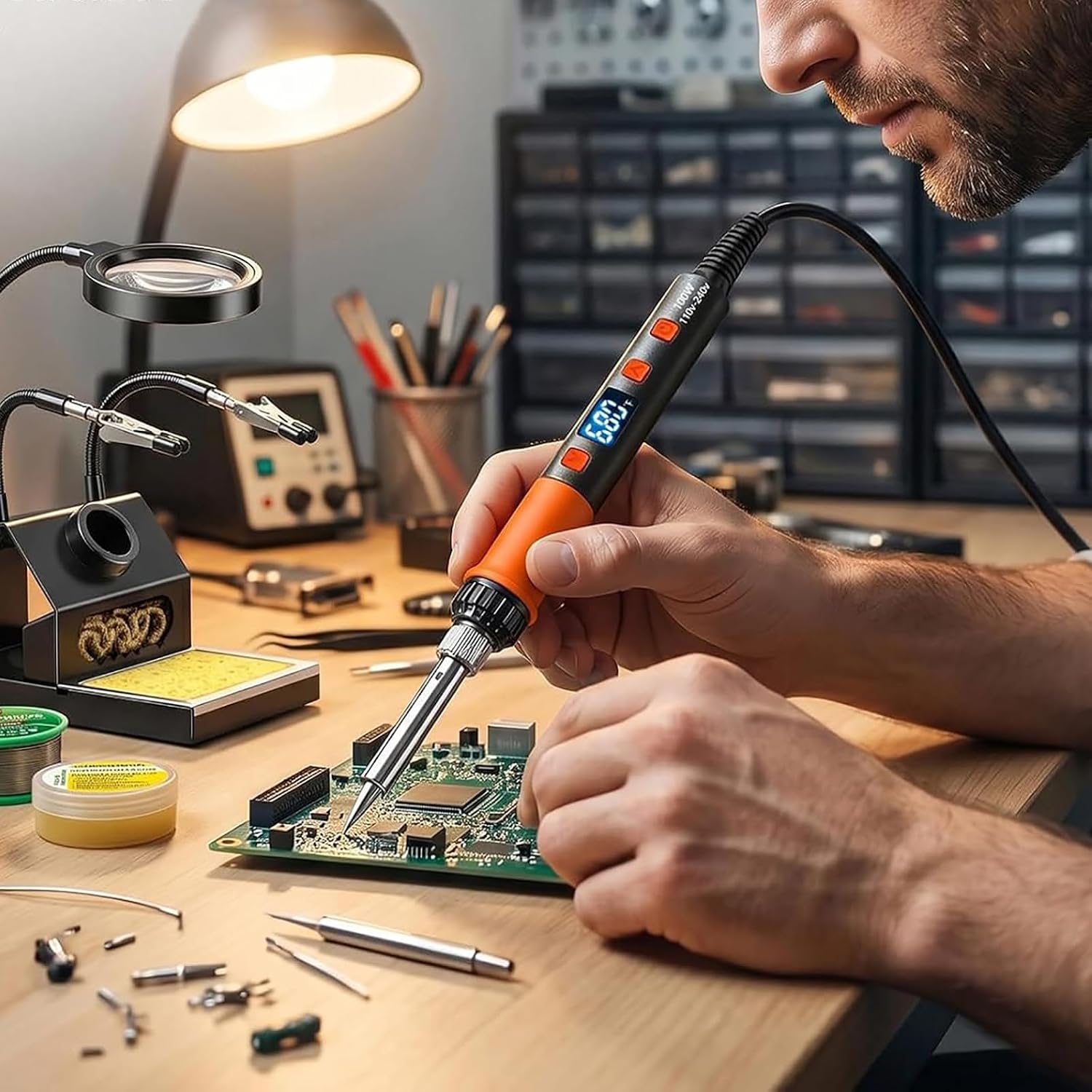 100W Soldering Iron Kit, Heavy-Duty Non-Slip Stand, 180-500°C, Auto Sleep | Helping Hands ＆ Magnifier, Fast Heating