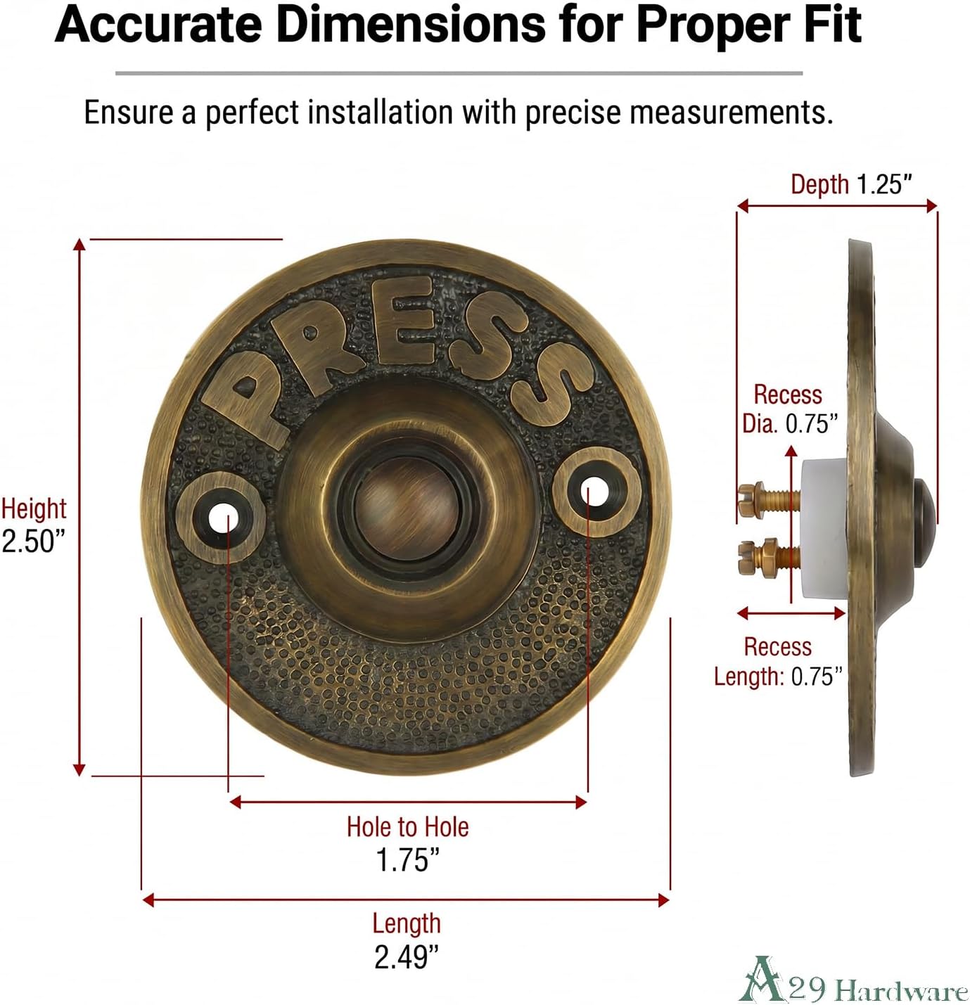Round Doorbell Push Button, Solid Brass, Antique Brass Finish | 2 1/2 in Diameter, Decorative Push Button Doorbell