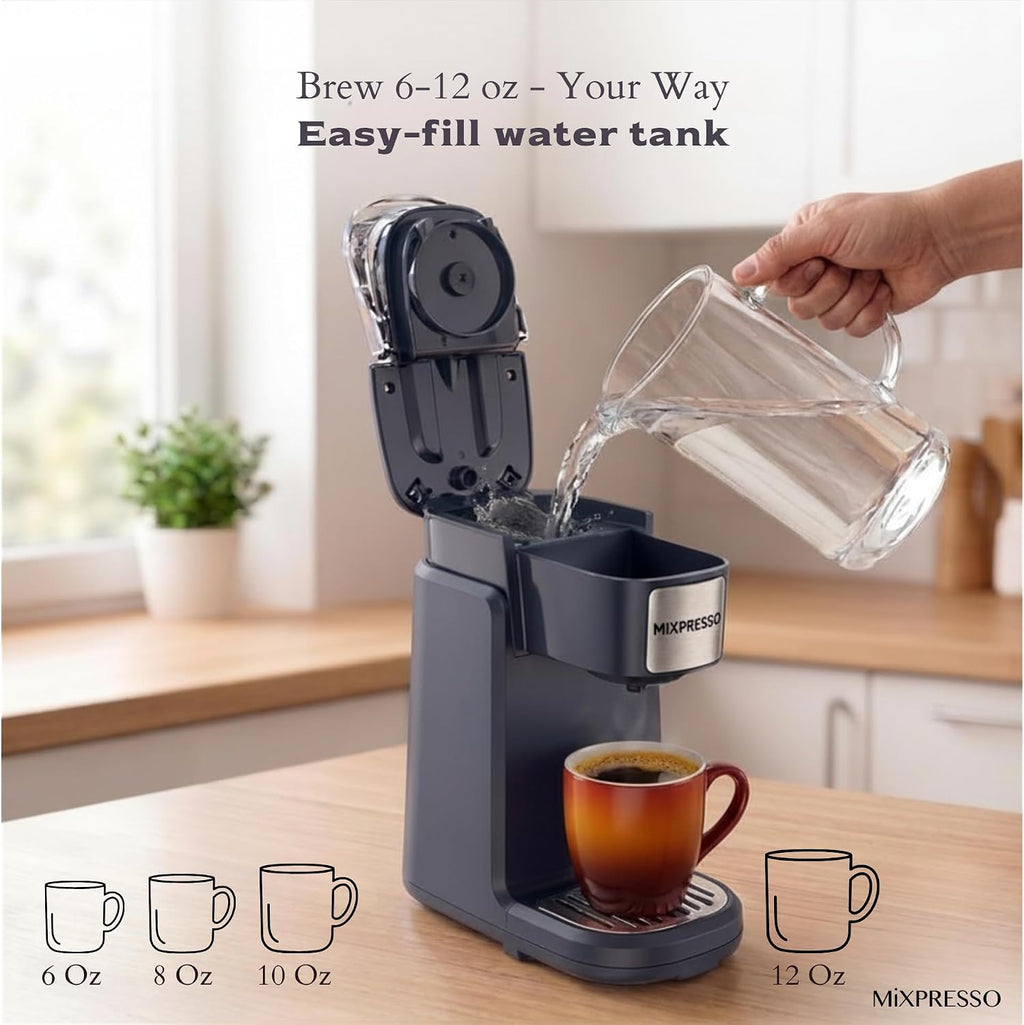 Single Serve Coffee Maker K Cup Coffee Maker for K Pods & Grounds | Compact 800W Gray Coffee Machine with 12 Oz Water