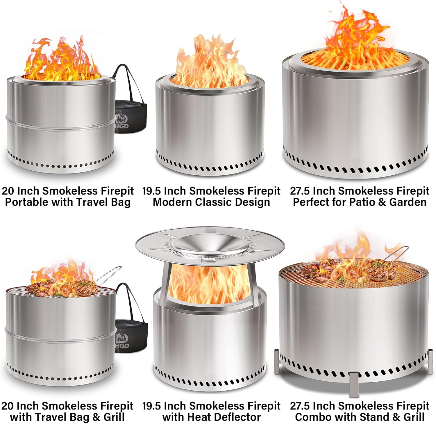 19.5" Smokeless Fire Pit Outdoor, Stainless Steel Wood Burning Firepit with Secondary Combustion, Backyard Patio
