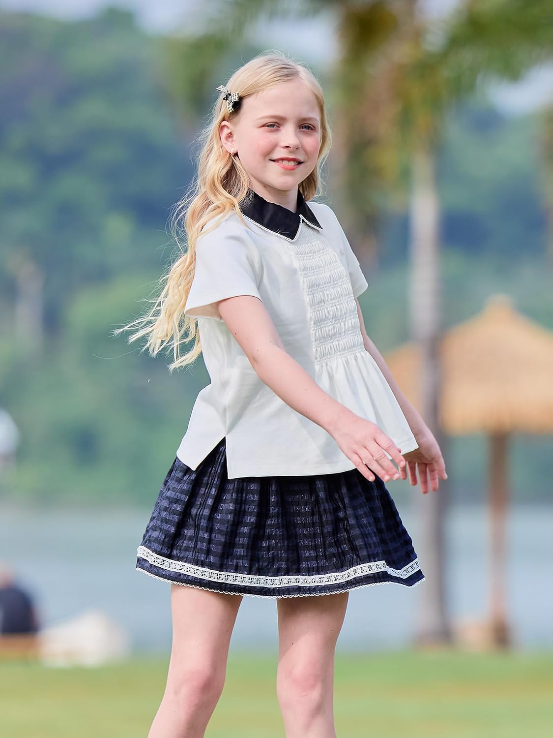 Girls White Polo Shirt with Black Peter Pan Collar and Lace Trim,Uniform Style for 6–16Y