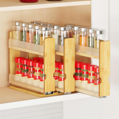 Bamboo Pull Out Spice Rack Organizer for Cabinet, Heavy Duty Slide Out Seasoning Kitchen Pantry Sliding Vertical