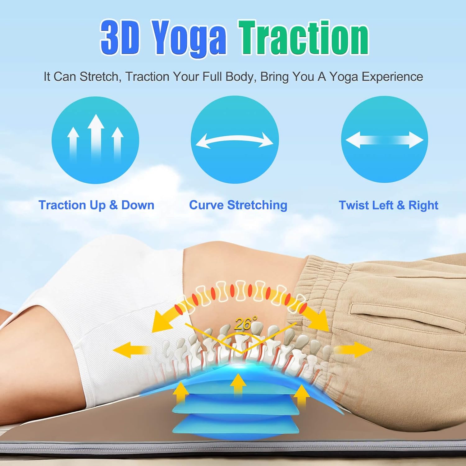 Full Body Massage Mat, 3D Body Stretching & Lumbar Traction, Back Heating, Traction Up & Down, Curve Stretch, Twist