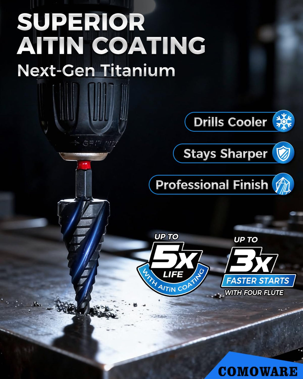 M2 Step Drill Bit Set, 1/8~1-3/8" 5Pcs 4 Spiral Flute AlTiN Coated Step Bit