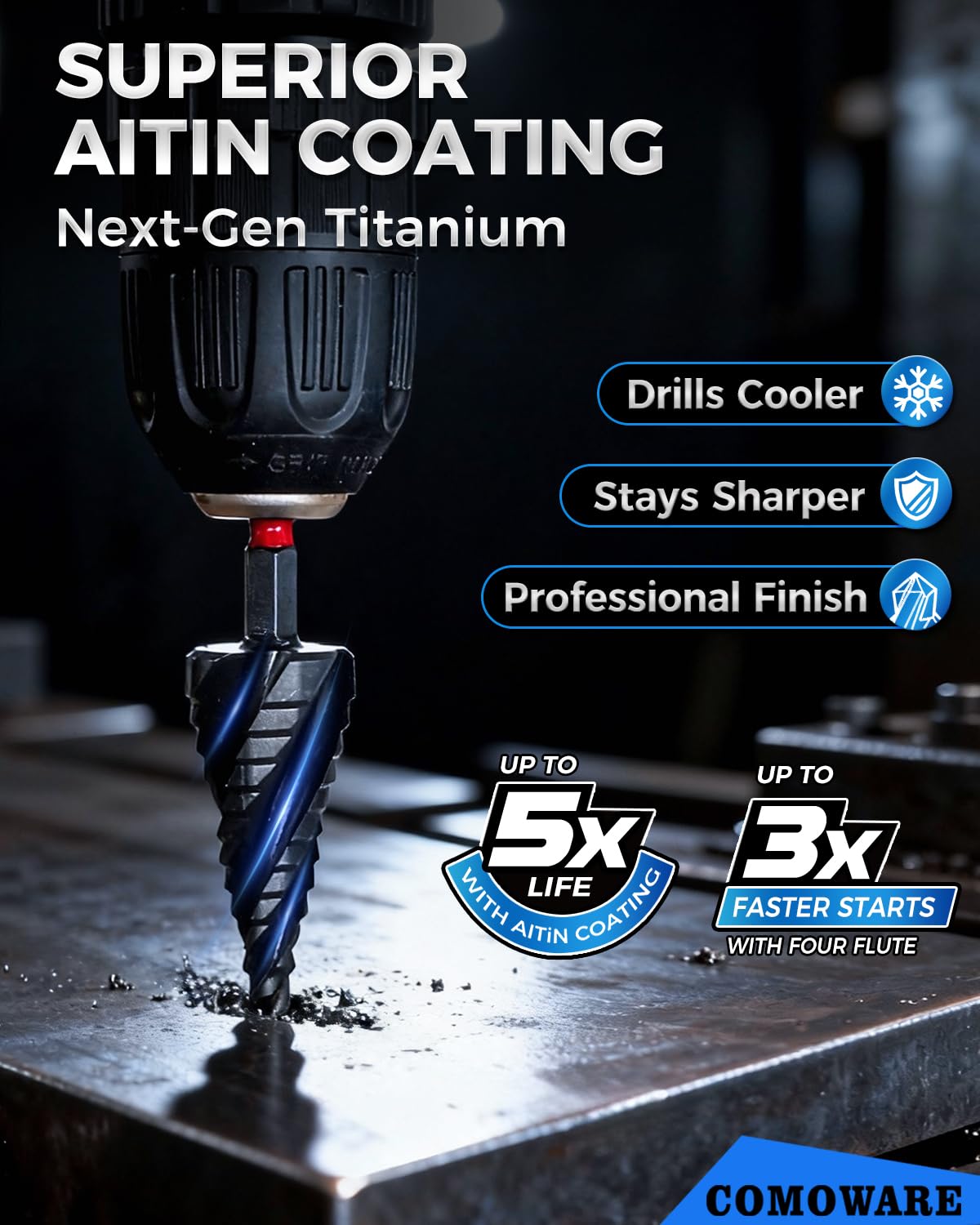 M2 Step Drill Bit Set, 1/8~1-3/8" 5Pcs 4 Spiral Flute AlTiN Coated Step Bit
