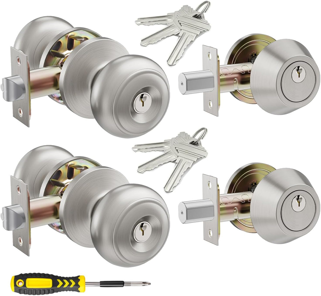 2 Set All Keyed Same Entry Door Knobs and Single Cylinder Deadbolt Combo Set for Entrance and Front Door, Keyed Alike