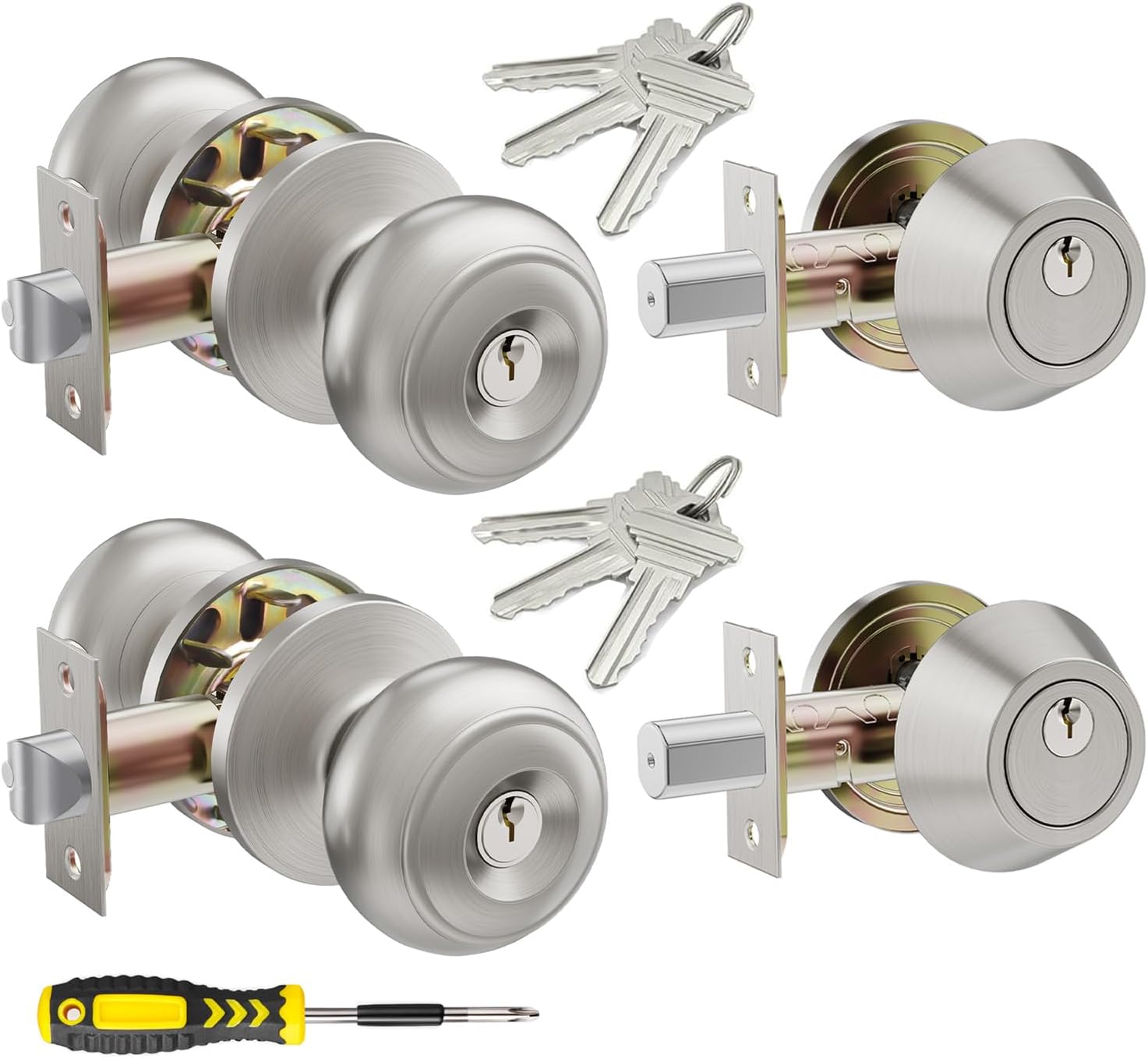 2 Set All Keyed Same Entry Door Knobs and Single Cylinder Deadbolt Combo Set for Entrance and Front Door, Keyed Alike
