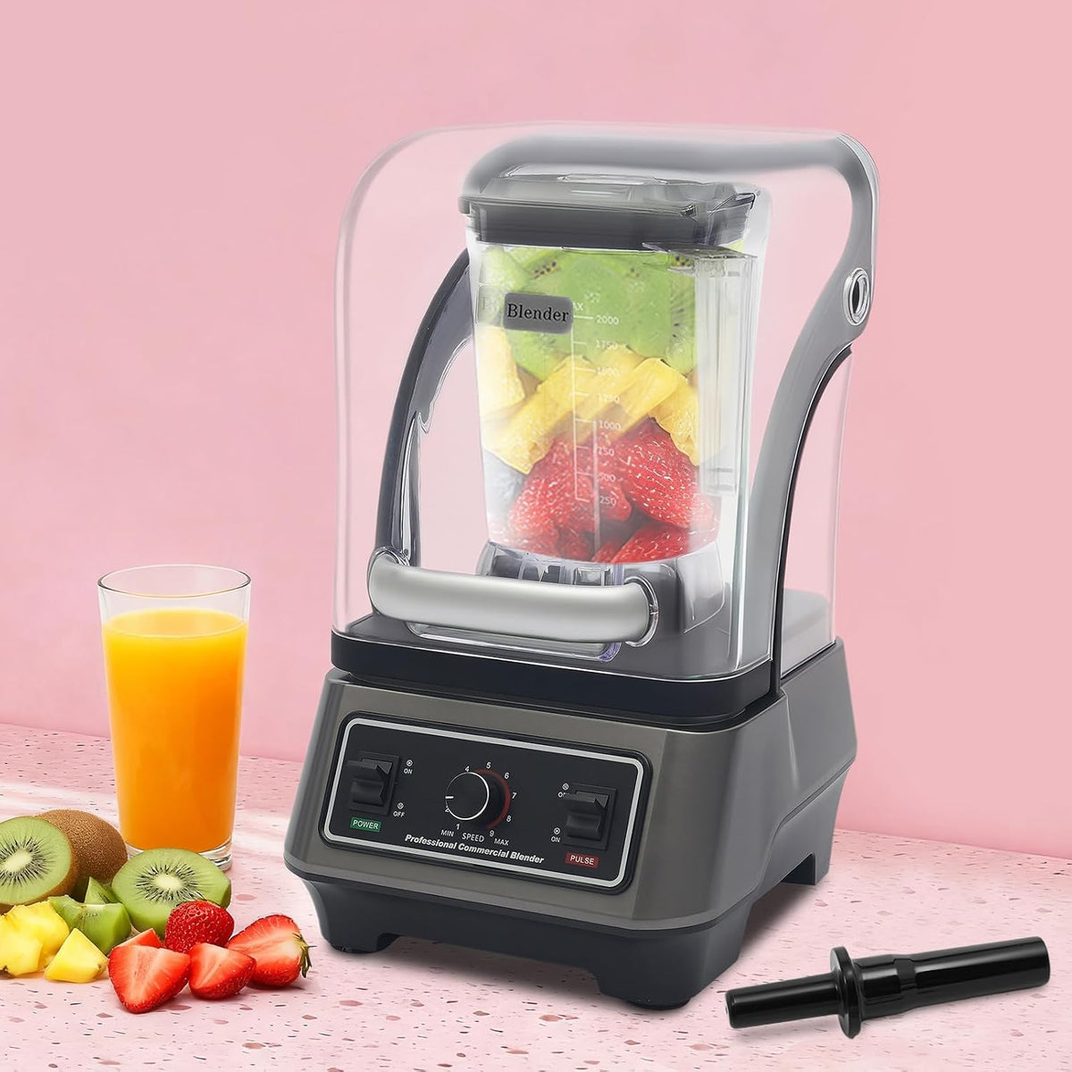 Commercial Blender, Quiet Blender with Soundproof Shield, Black for Kitchen