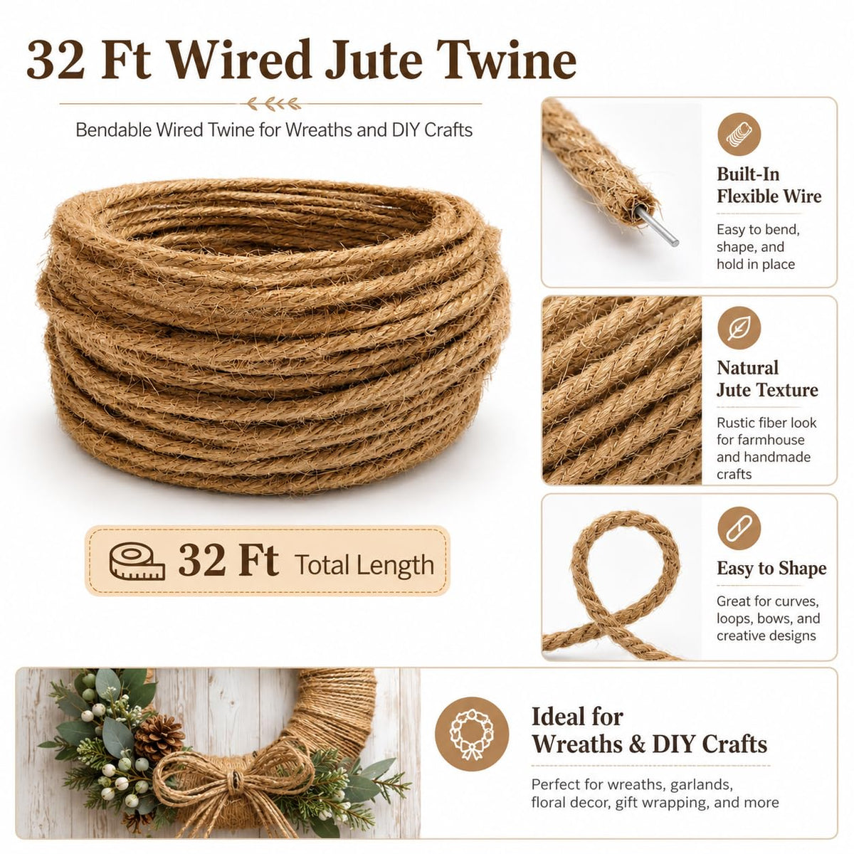 32 Ft Wired Jute Twine, Bendable Wired Twine forWreaths and DIY