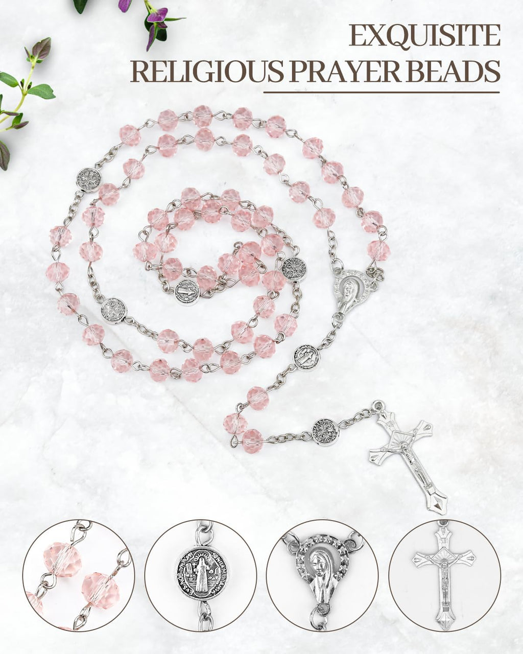 Rosary Beads for Women - Catholic Rosary Beads with Cross, Pink Crystal Rosary Necklace with Velvet Pouch, Religious