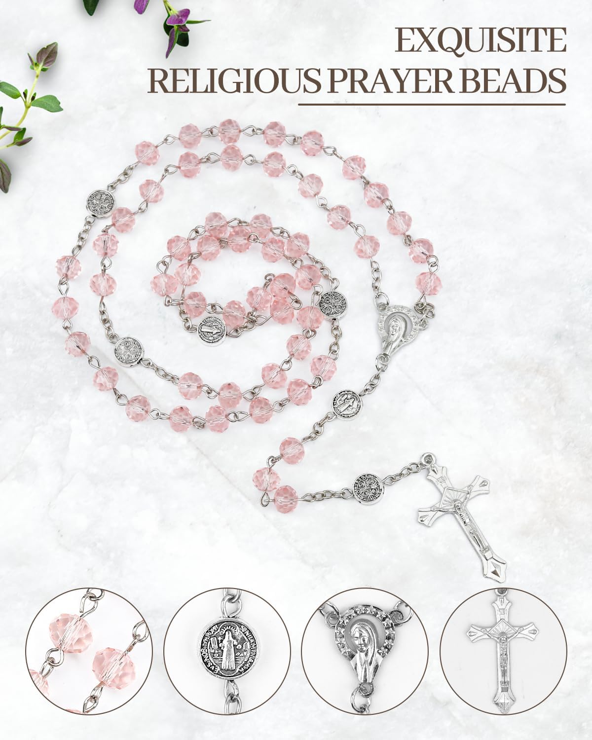 Rosary Beads for Women - Catholic Rosary Beads with Cross, Pink Crystal Rosary Necklace with Velvet Pouch, Religious