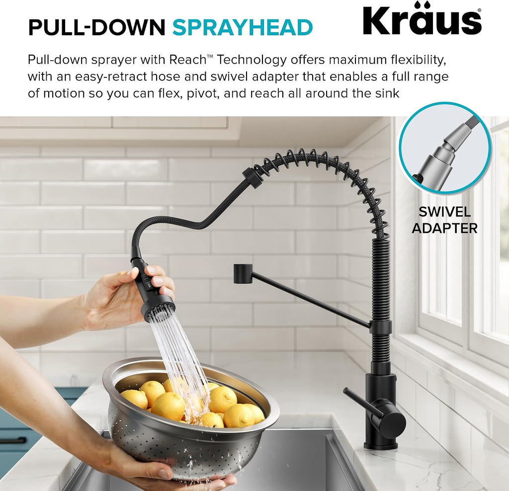 Bolden Commercial Style 2-Function Single Handle Pull Down Kitchen Faucet in Matte Black, KPF-1610MB + KRAUS
