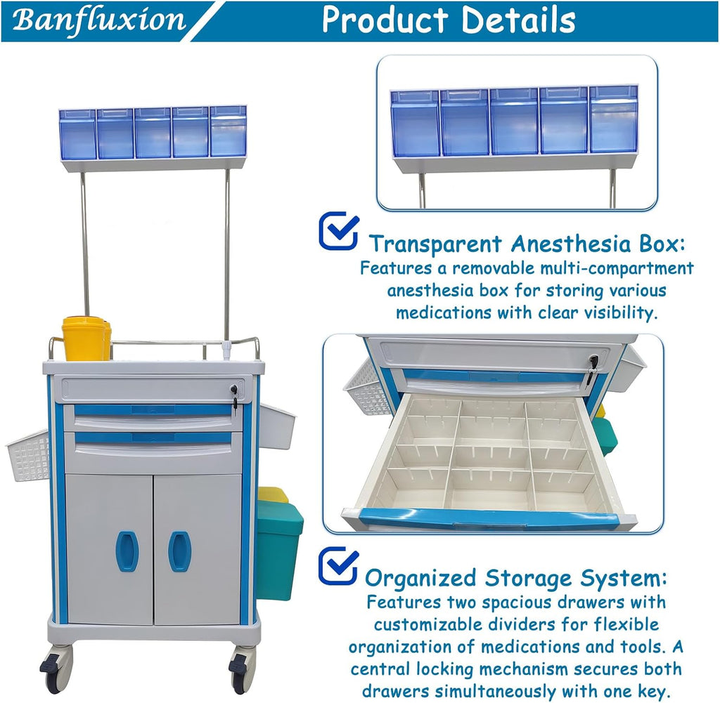 Mobile Emergency Crash Cart Anesthesia Cart with Lock, 2 Drawers, 2 Trash Bins, Concealed Workstation & PEG Board for