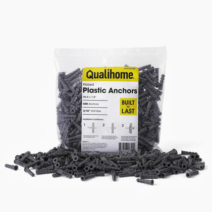 Ribbed Plastic Drywall Anchors - Wall Anchors for Drywall - Plastic Screw Anchors for Secure Fastening (Bulk Pack