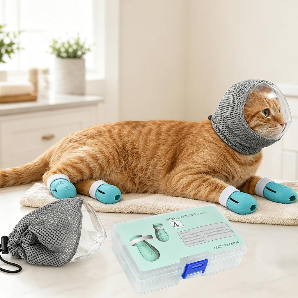 Adjustable Cat Muzzle, Breathable TPU + 4 Anti-Scratch Gloves for Grooming