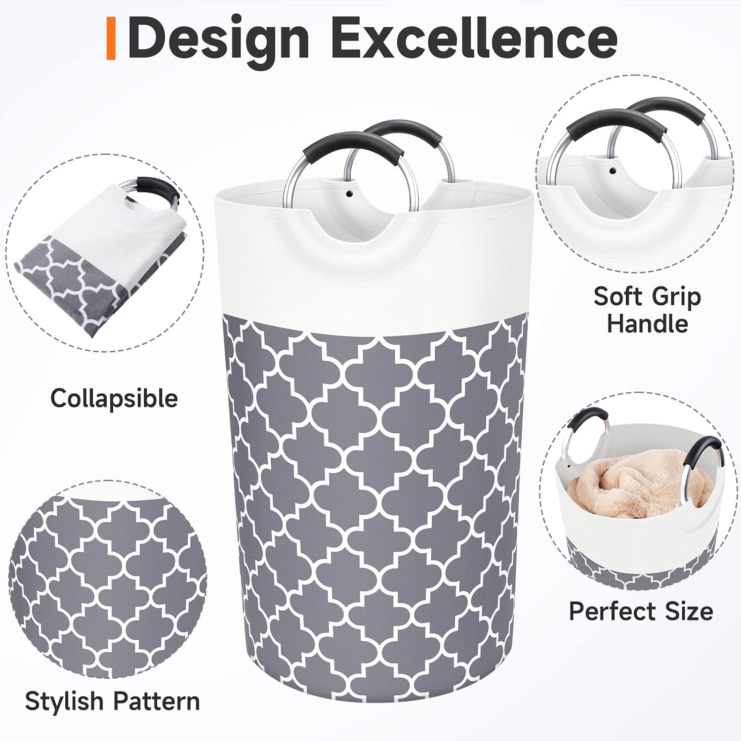 Large Laundry Basket 82L Tall Collapsible Hamper with Handles for Dorm Grey | Freestanding Laundry Hamper, Waterproof