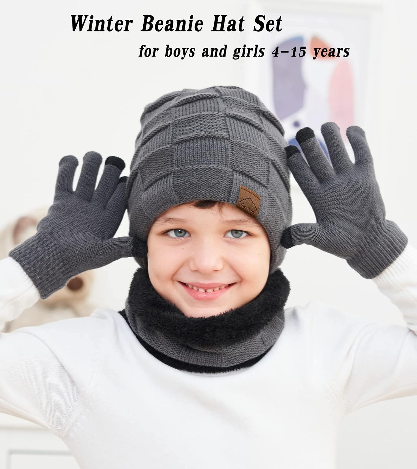 Kids Winter Beanie Hat Scarf Touchscreen Gloves Set for Boys Girls 4-15 Years Warm Skull Cap Fleece Lined Knitted Hat