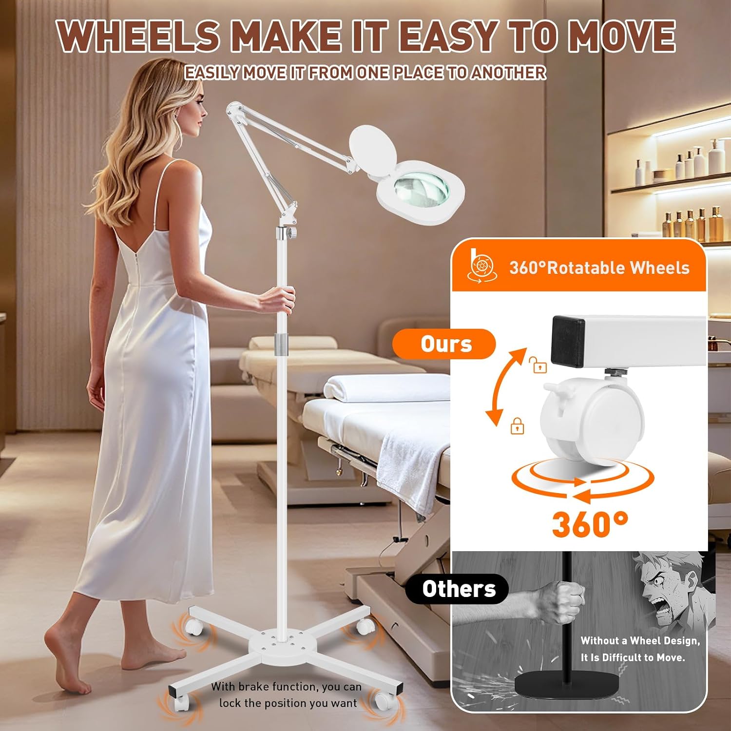 2200 Lumens 12X Esthetician Magnifying Lamp, 5-Inch Real Glass Lens | 4-Wheel Rolling, Adjustable Height, Mag Light