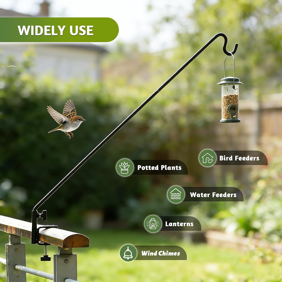 Heavy Duty Deck Hook, Extensible and Adjustable Deck Hook with 2" Non Slip Horizontal Clamp for Hanging Bird Feeder