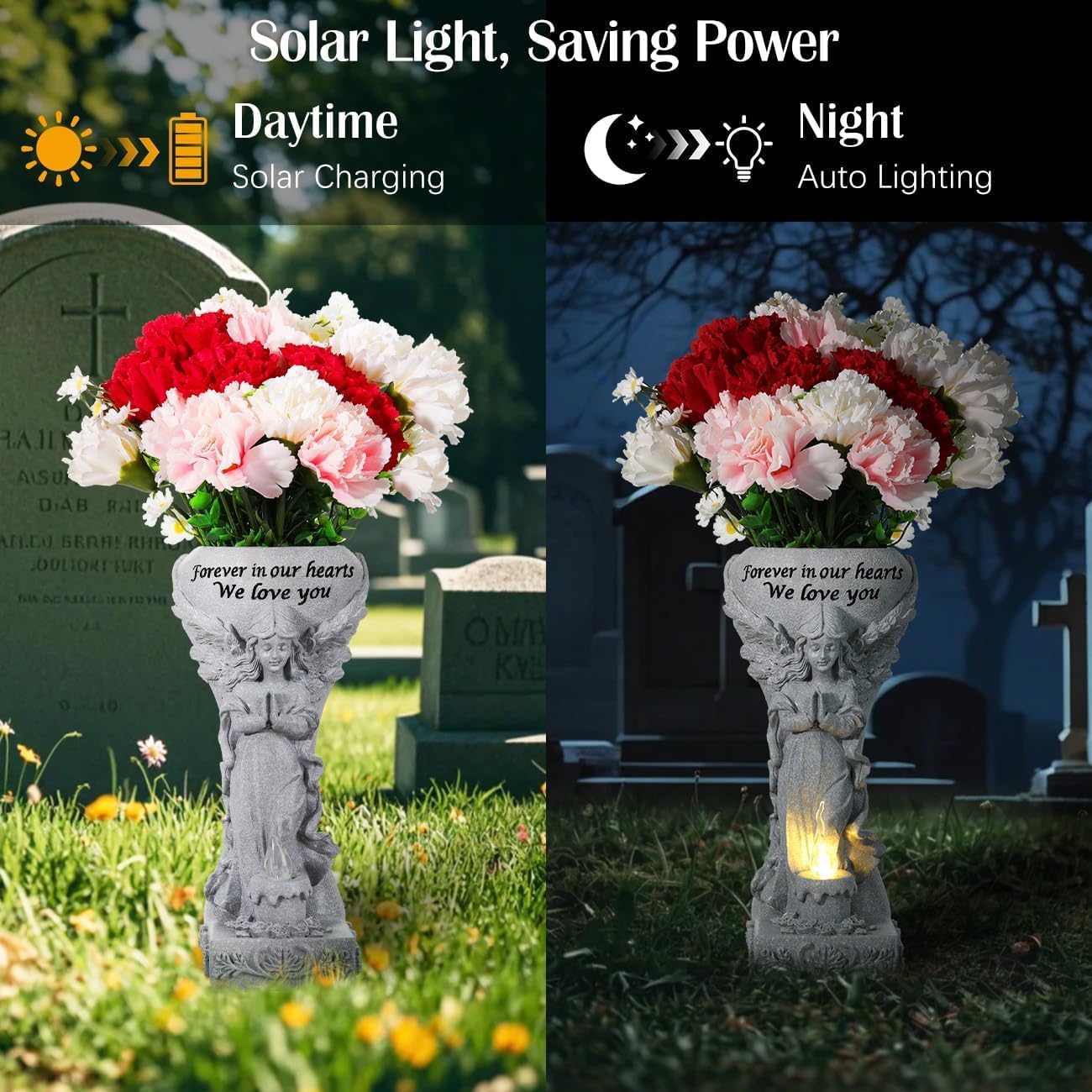 Solar Cemetery Vase for Grave, Praying Angel Garden Stake Sculpture