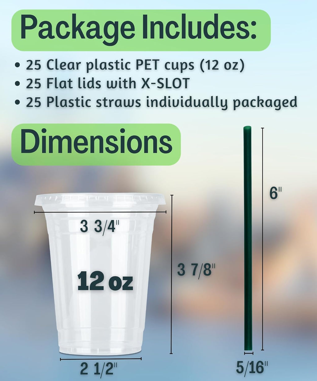 12 oz Clear Plastic Cups with Lids and STRAWS, Disposable Drinking Cups for Cold Drinks, Iced Coffee, Milkshakes