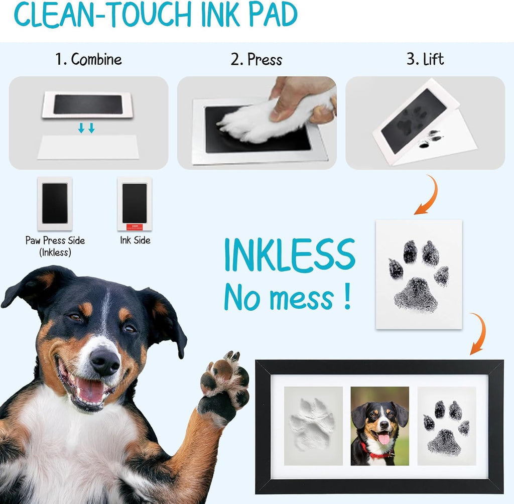 Paw Print Frame Kit, Dog Paw Print Kit with Clay & No Mess Ink Pad, with Customization Tool, Wooden Pet Memorial