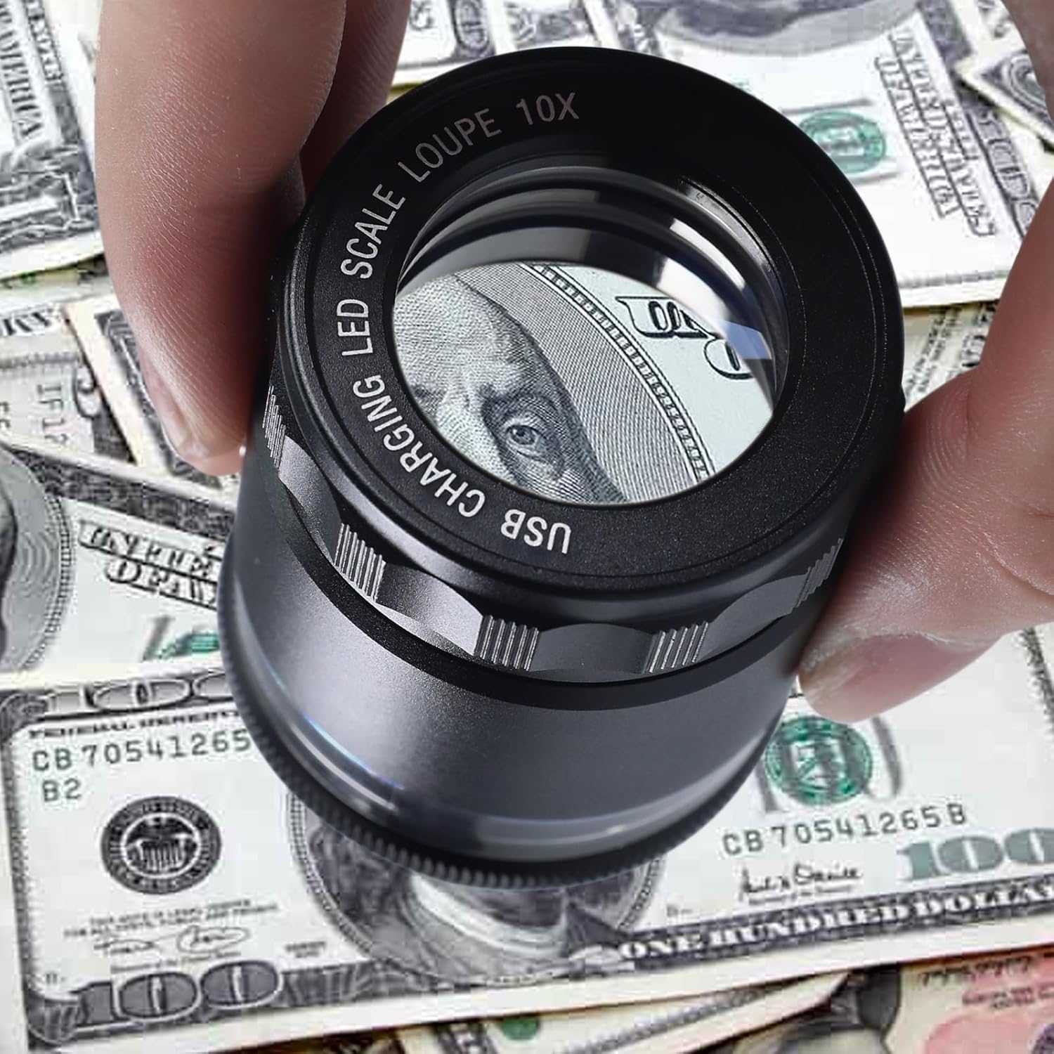 10X Rechargeable Jewelers Loupe Magnifier with LED Light & Detachable Reticle Scale, 25mm Field of View, Adjustable