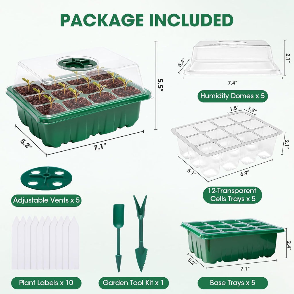 5 Packs Seed Starter Tray with Humidity Dome, Seed Starter Kit with Transparent Drain Hole Base Indoor Greenhouse