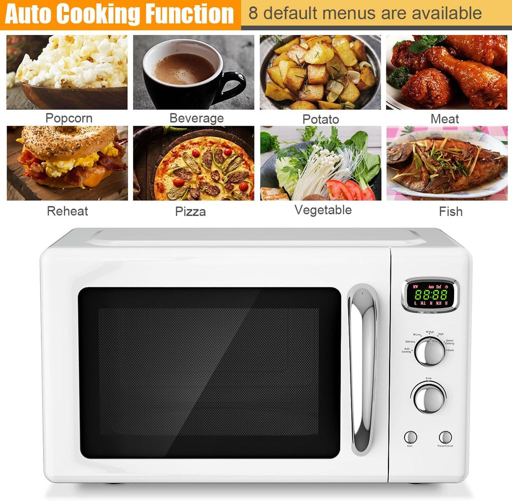 Retro Microwave 0.9Cu.Ft, 900W Countertop Microwave Oven w/5 Power Level, Defrost & Auto Cooking, LED Display, Pull