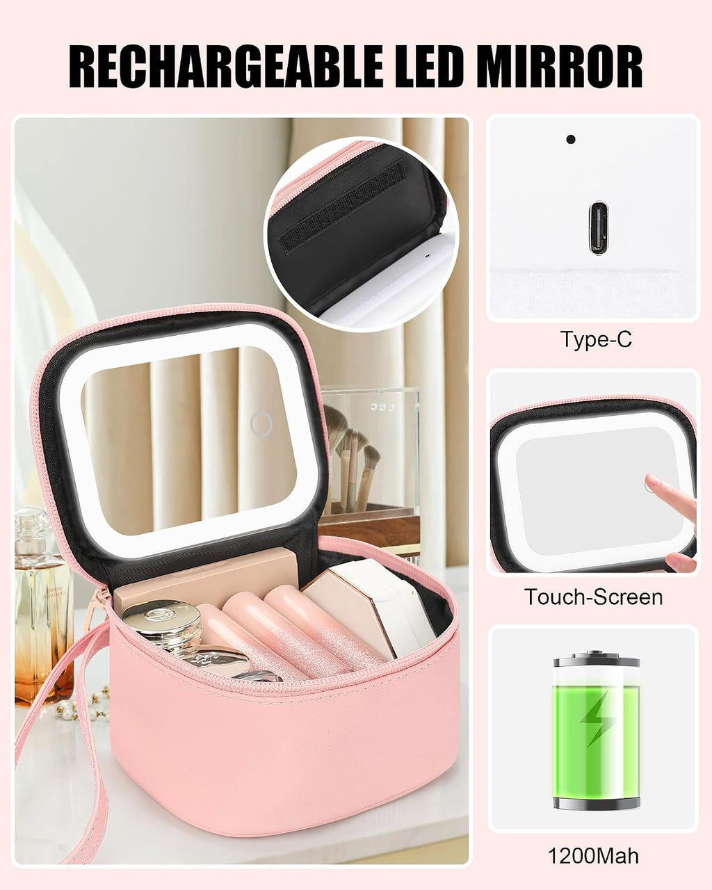 Mini Makeup Bag with Led Mirror, Initial Make Up Bag for Girls, P
