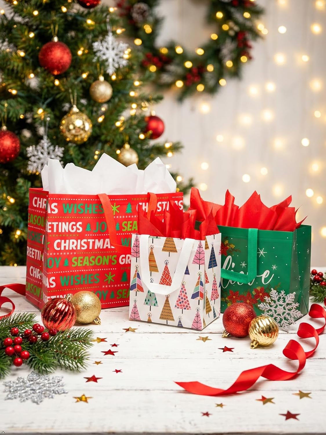 20 Pack Assorted Size Christmas Gift Bags with Tissue Paper