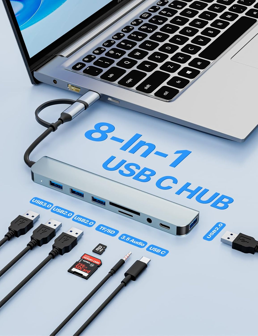 USB C/USB Hub Multiport Adapter,Aluminum 8 in 1 USB Splitter | USB 3.0 Hub SD/TF Card Reader,1 x USB 3.0, 3 x USB
