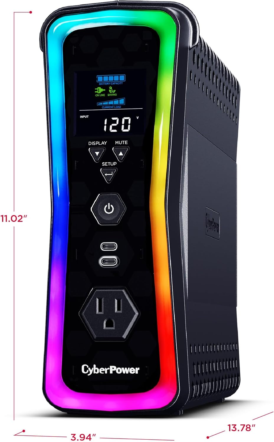GX150C2-E Gaming UPS Battery Backup and Surge Protector | 1500VA/1000W, RGB Lighting, 13 Outlets, USB‑C Charging, UL
