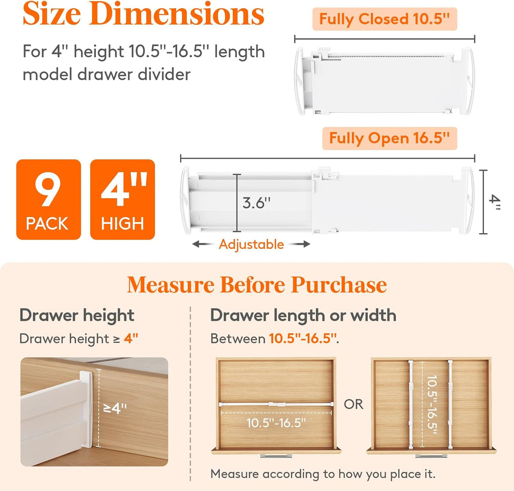 9 Pack Drawer Dividers for Clothes, 4" High 10.5"-16.5" Expandable Dresser Drawer Organizers, Adjustable White