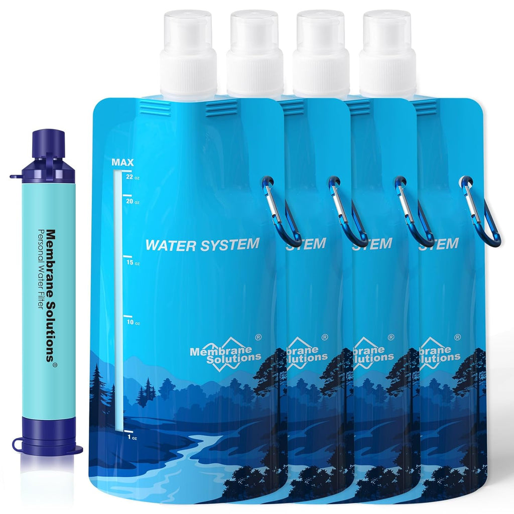 Squeezable Water Pouches with Water Filter Straw(1+4) | Survival Water Purifier Kit, Portable Water Purifier for