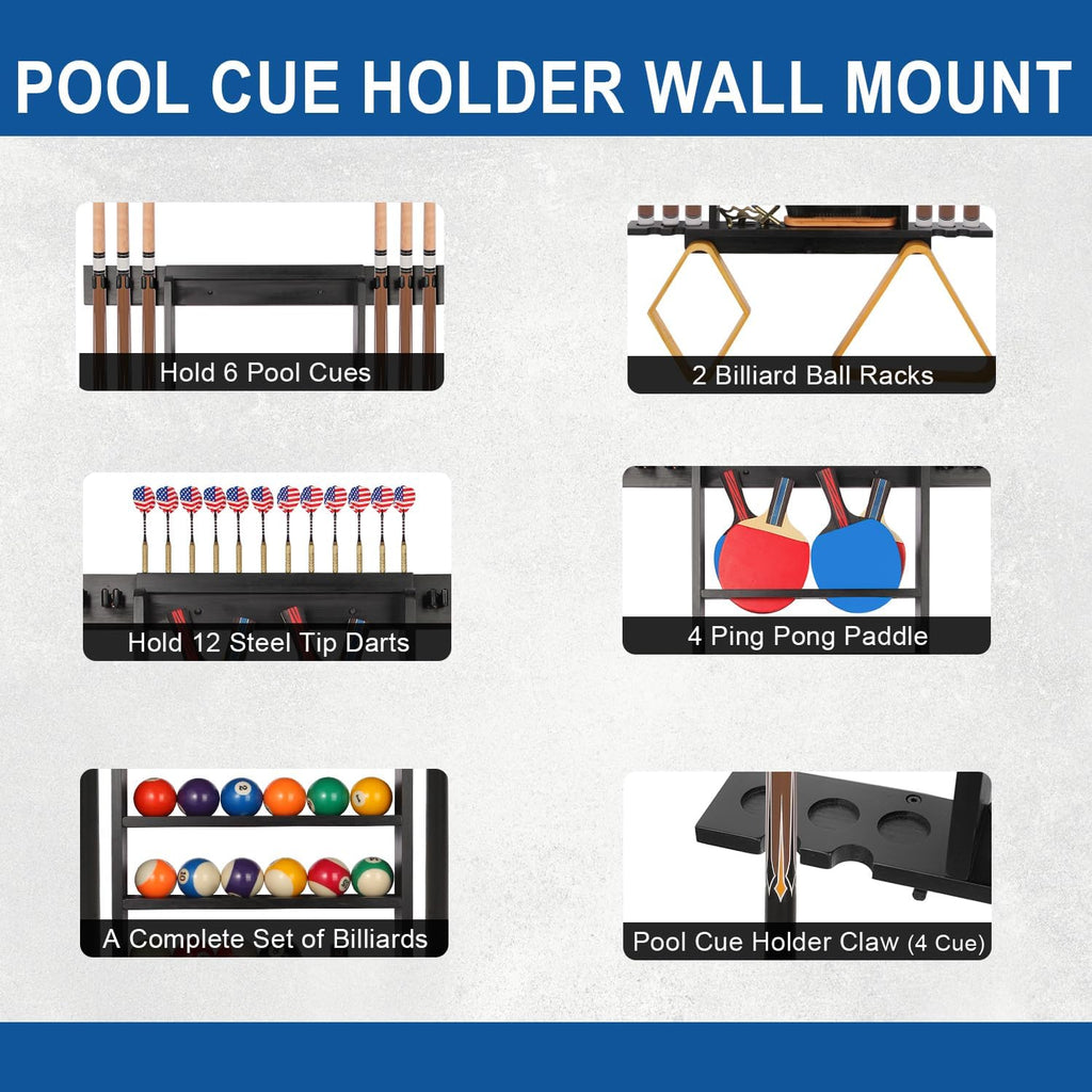 Large Pool Stick Holder Wall Mount, Billiards Pool Cue Rack Ping Pong Paddle Holder, Dart Holder 3-IN-1, Wood Pool