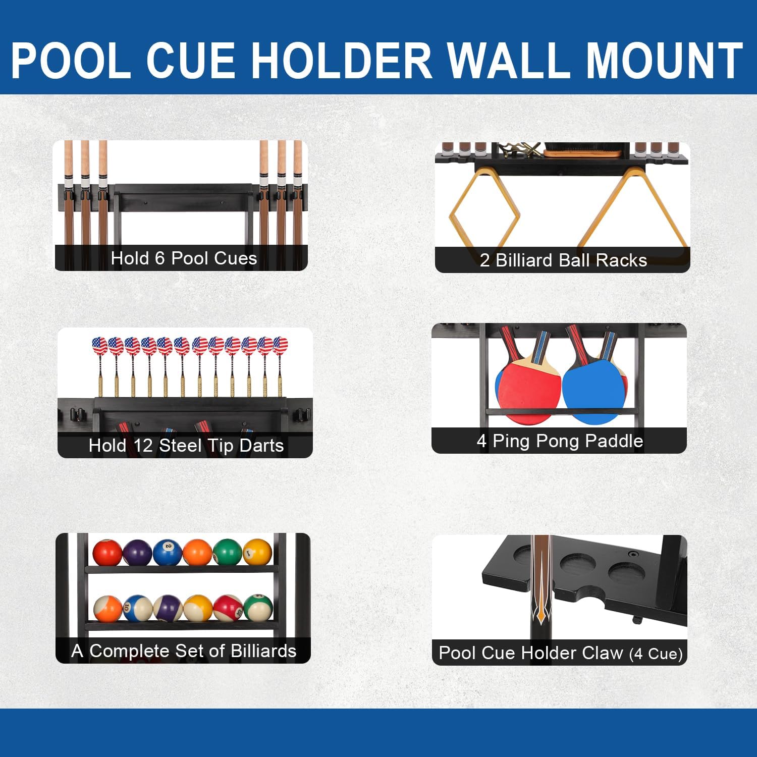 Large Pool Stick Holder Wall Mount, Billiards Pool Cue Rack Ping Pong Paddle Holder, Dart Holder 3-IN-1, Wood Pool