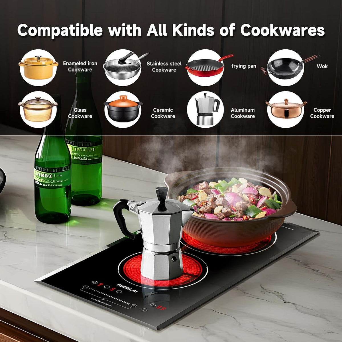 2-Burner Electric Cooktop, 3200W 240V Ceramic Hot Plate