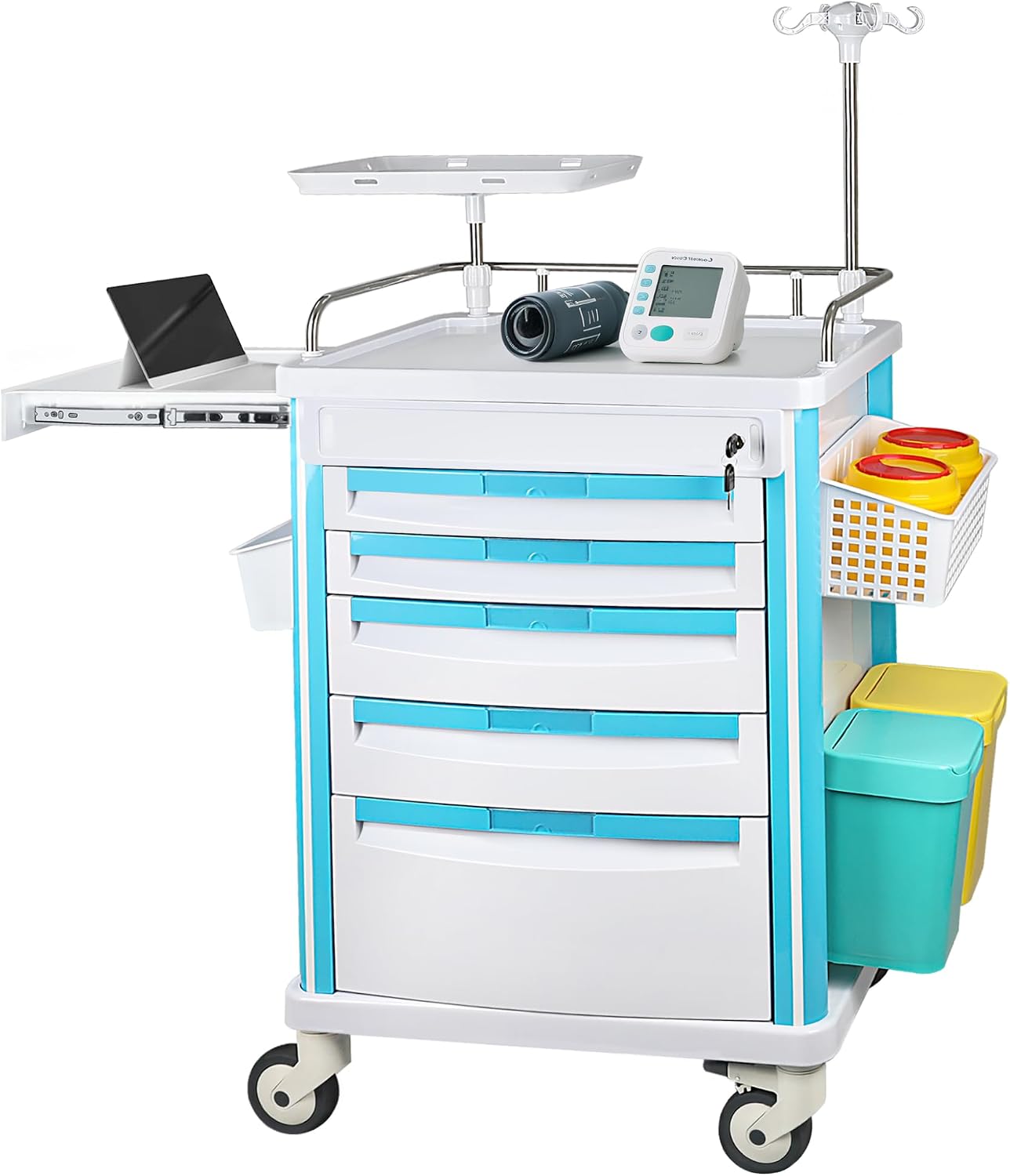 5-Tier Medical Storage Crash Cart with 4 Silent Wheels & 2 Trash Cans, Mobile Medical Utility Cart with Adjustable IV