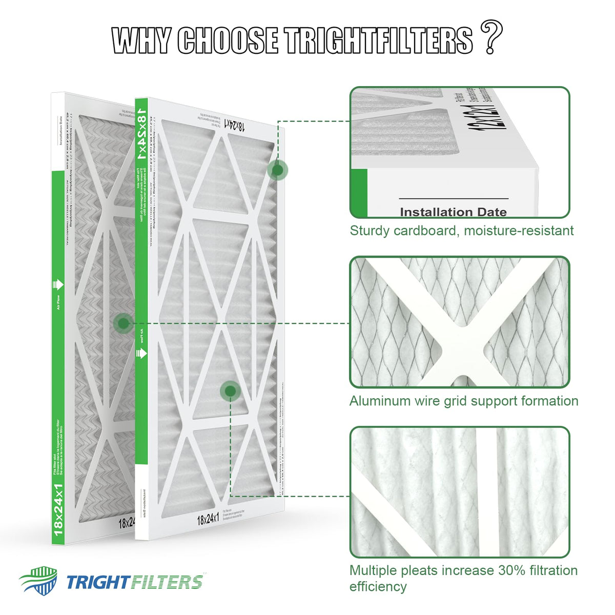 18x24x1 Air Filter 4 Pack, MERV 8 Pleated HVAC Furnace Filter