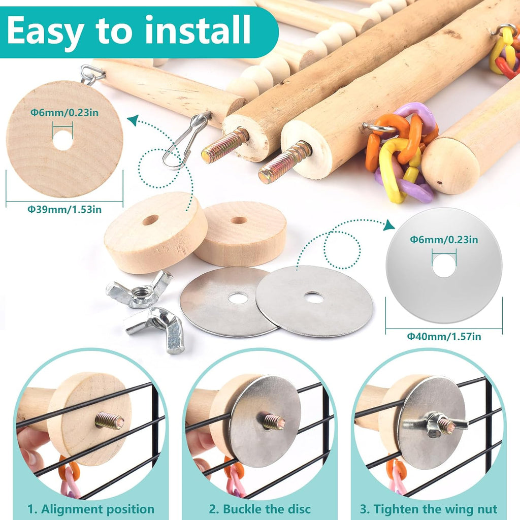Bird Perches Ladder with Swing, Natural Wood Parrot Climbing Bridge Perch Toys, Exercise Play Stand Parakeet Cage