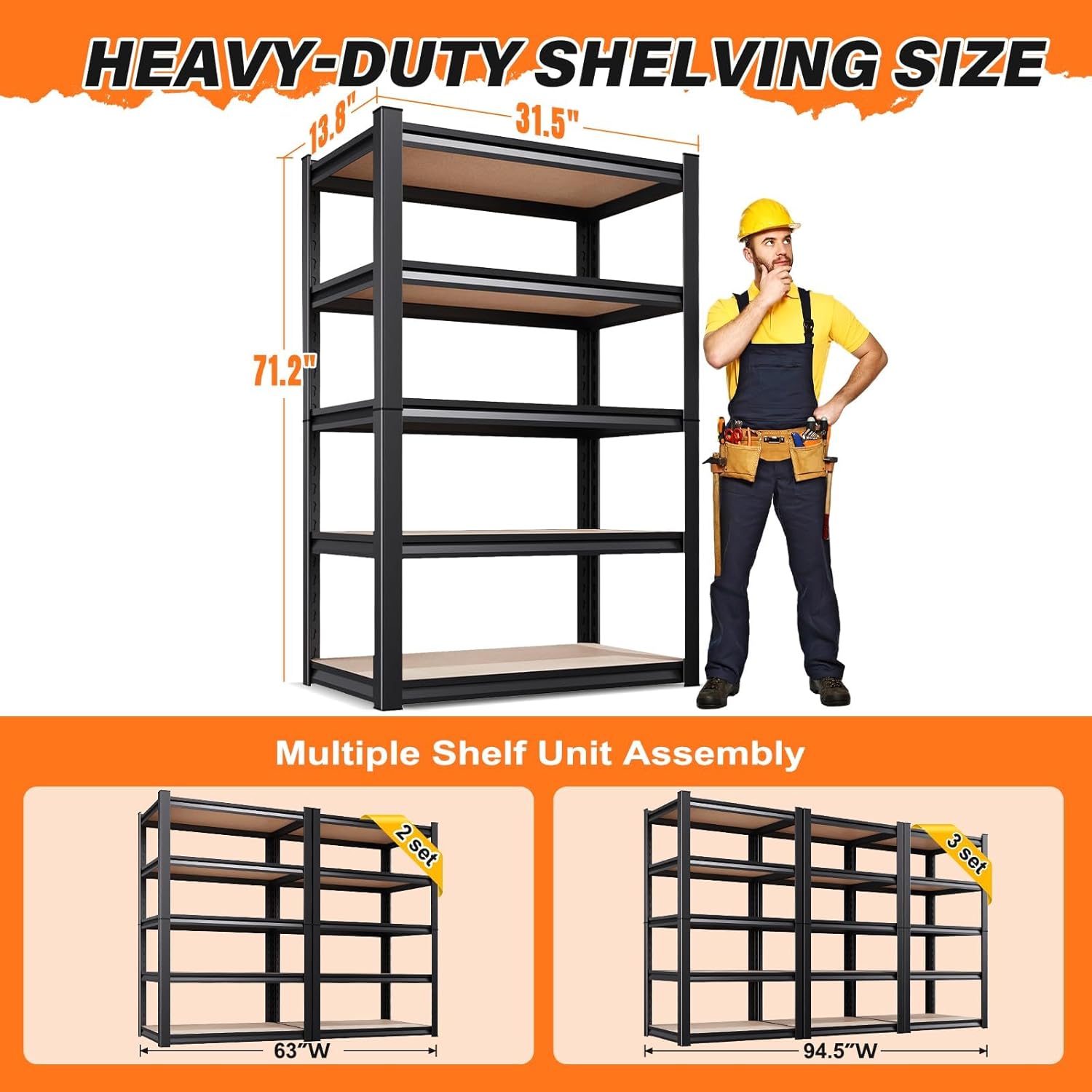 71.2''H Storage Shelves, 2500lbs Garage Shelving,Adjustable Heavy Duty Shelving Unit,5T Tall Garage Shelves，Wood